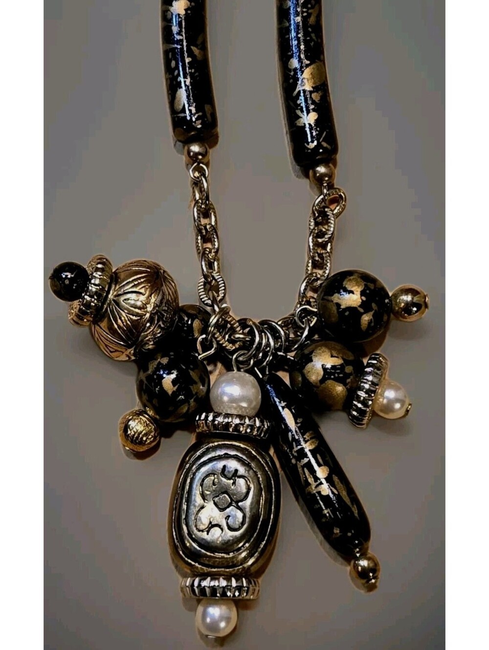 Goldtone Black Egyptian-Inspired Chain Necklace with Faux Pearl Metal Beads 30"